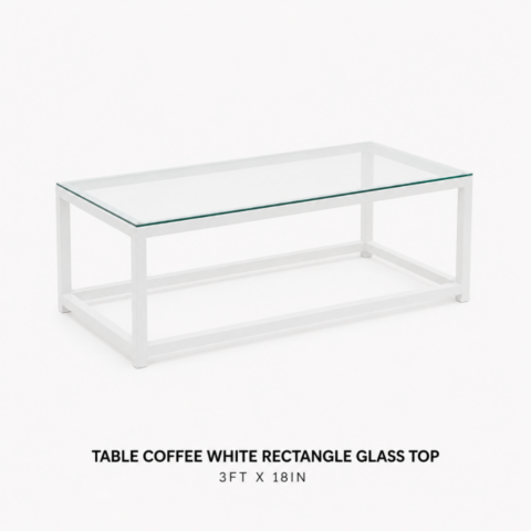 TABLE COFFEE WHITE RECTANGLE GLASS TOP 3FT X 18IN CELEBRATIONS CAYMAN RENTAL EVENTS WEDDINGS PARTY TABLE COFFEE WHITE RECTANGLE GLASS TOP