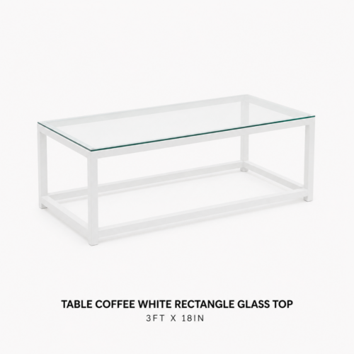 TABLE_COFFEE_WHITE_RECTANGLE_GLASS_TOP_3FTL_X_18INW_WHITE_METAL_FRAME_COFFEE_TABLE_CLEAR_GLASS_TOP_RECTANGULAR_LOUNGE_TABLE_MODERN_EVENT_FURNITURE_MINIMALIST_LOUNGE_DECOR_RENTAL_WEDDINGS_EVENTS_PARTY_CAYMAN_ISLANDS_CELEBRATIONS
