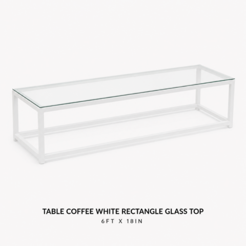 TABLE COFFEE WHITE RECTANGLE GLASS TOP 6FT X 18IN CELEBRATIONS CAYMAN RENTAL EVENTS WEDDINGS PARTY TABLE COFFEE WHITE RECTANGLE GLASS TOP