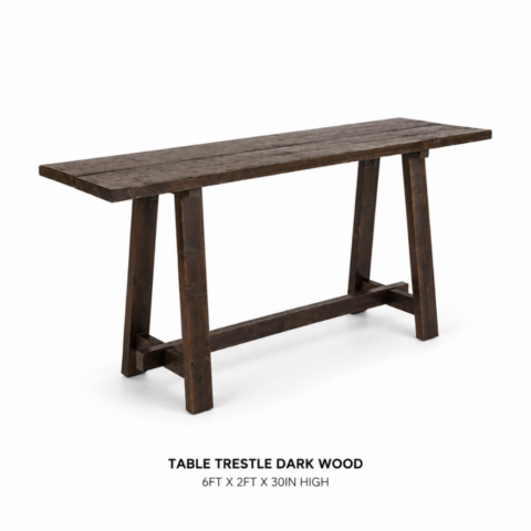 TABLE TRESTLE DARK WOOD 6ftL X 2ftW X 30inH CELEBRATIONS CAYMAN RENTAL EVENTS WEDDINGS PARTY TABLE TRESTLE DARK WOOD