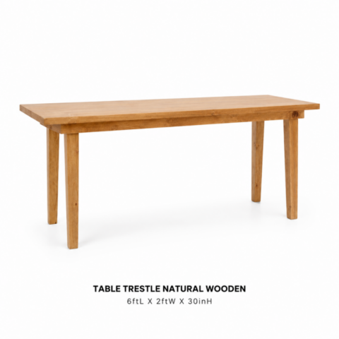 TABLE TRESTLE NATURAL WOODEN 6ftL X 2ftW X 30inH CELEBRATIONS CAYMAN RENTAL EVENTS WEDDINGS PARTY TABLE TRESTLE NATURAL WOODEN