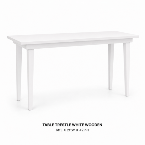 TABLE TRESTLE WHITE WOODEN 6ftL X 2ftW X 42inH CELEBRATIONS CAYMAN RENTAL EVENTS WEDDINGS PARTY TABLE TRESTLE WHITE WOODEN