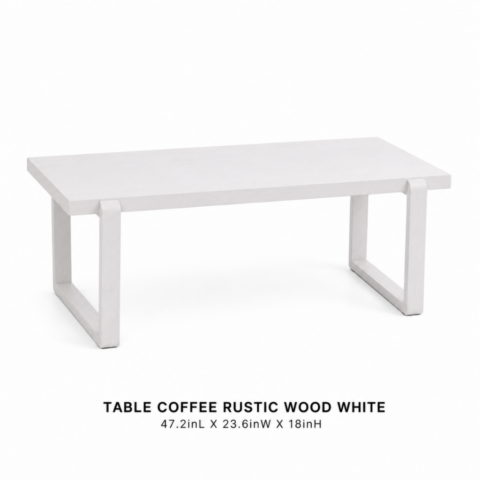 TABLE COFFEE RUSTIC WOOD WHITE 47.2inL X 23.6inW X 18inH CELEBRATIONS CAYMAN RENTAL EVENTS WEDDINGS PARTY TABLE COFFEE RUSTIC WOOD WHITE