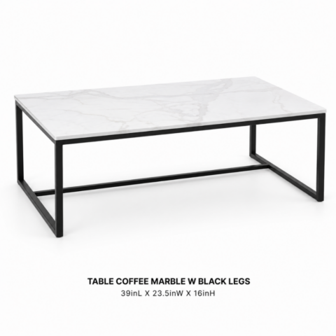 TABLE COFFEE MARBLE W BLACK LEGS 39inL X 23.5inW X 16inH CELEBRATIONS CAYMAN RENTAL EVENTS WEDDINGS PARTY TABLE COFFEE MARBLE W BLACK LEGS
