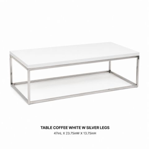 TABLE COFFEE WHITE W SILVER LEGS 47inL X 23.75inW X 13.75inH CELEBRATIONS CAYMAN RENTAL EVENTS WEDDINGS PARTY TABLE COFFEE WHITE W SILVER LEGS