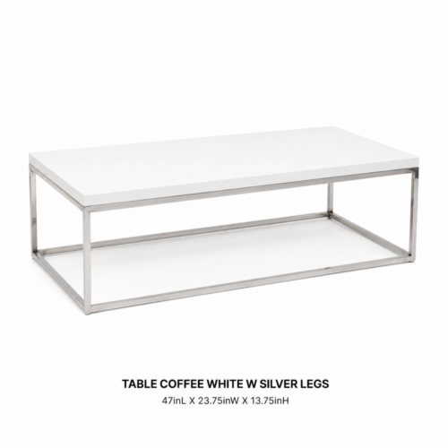 TABLE_COFFEE_WHITE_WITH_SILVER_LEGS_47INL_X_23_75INW_X_13_75INH_WHITE_RECTANGULAR_COFFEE_TABLE_SILVER_METAL_FRAME_MODERN_LOUNGE_TABLE_MINIMALIST_EVENT_FURNITURE_CONTEMPORARY_DECOR_RENTAL_WEDDINGS_EVENTS_PARTY_CAYMAN_ISLANDS_CELEBRATIONS