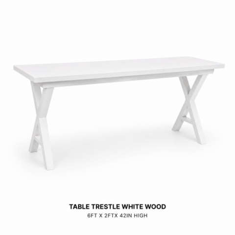 TABLE TRESTLE WHITE WOOD 6ftL X 2ftW X 42inH CELEBRATIONS CAYMAN RENTAL EVENTS WEDDINGS PARTY TABLE TRESTLE WHITE WOOD