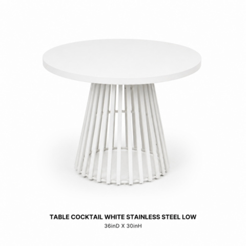TABLE COCKTAIL WHITE STAINLESS STEEL LOW 36inD X 30inH CELEBRATIONS GRAND CAYMAN RENTAL PARTY EVENTSTABLE COCKTAIL WHITE STAINLESS STEEL LOW 36inD X 30inH