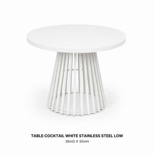 TABLE_COCKTAIL_WHITE_STAINLESS_STEEL_LOW_36IN_DIAMETER_X_30INH_WHITE_ROUND_COCKTAIL_TABLE_STAINLESS_STEEL_PEDESTAL_BASE_MODERN_EVENT_TABLE_LOUNGE_TABLE_SOCIAL_SEATING_RENTAL_WEDDINGS_EVENTS_PARTY_CAYMAN_ISLANDS_CELEBRATIONS
