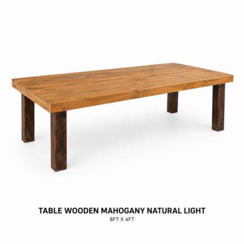 TABLE WOODEN MAHOGANY NATURAL LIGHT 8FT X 4FT CELEBRATIONS CAYMAN RENTAL EVENTS WEDDINGS PARTY TABLE WOODEN MAHOGANY NATURAL LIGHT