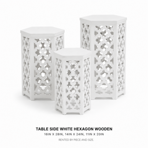 TABLE SIDE WHITE HEXAGON WOODEN CELEBRATIONS CAYMAN RENTAL EVENTS WEDDINGS PARTY TABLE SIDE WHITE HEXAGON WOODEN