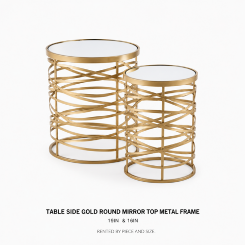 TABLE SIDE GOLD ROUND MIRROR TOP METAL FRAME CELEBRATIONS CAYMAN RENTAL EVENTS WEDDINGS PARTY TABLE SIDE GOLD ROUND MIRROR TOP METAL FRAME
