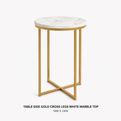 TABLE SIDE GOLD CROSS LEGS WHITE MARBLE TOP 16IN X 24IN CELEBRATIONS CAYMAN RENTAL EVENTS WEDDINGS PARTY TABLE SIDE GOLD CROSS LEGS WHITE MARBLE TOP