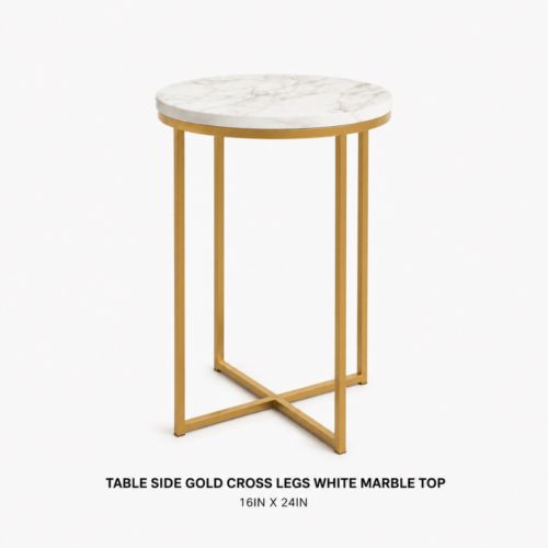 TABLE_SIDE_GOLD_CROSS_LEGS_WHITE_MARBLE_TOP_16IN_X_24IN_ROUND_WHITE_MARBLE_TOP_SIDE_TABLE_GOLD_METAL_CROSS_BASE_ACCENT_TABLE_MODERN_LOUNGE_FURNITURE_GLAM_EVENT_DECOR_RENTAL_WEDDINGS_EVENTS_PARTY_CAYMAN_ISLANDS_CELEBRATIONS