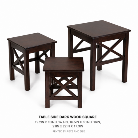 TABLE SIDE DARK WOOD SQUARE CELEBRATIONS CAYMAN RENTAL EVENTS WEDDINGS PARTY TABLE SIDE DARK WOOD SQUARE