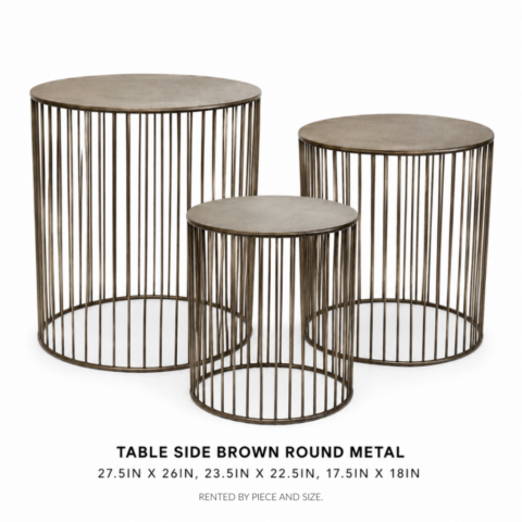TABLE SIDE BROWN ROUND METAL CELEBRATIONS CAYMAN RENTAL EVENTS WEDDINGS PARTY TABLE SIDE BROWN ROUND METAL