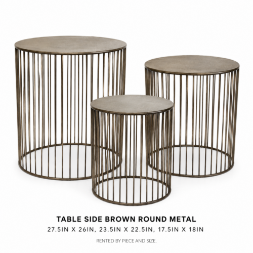 TABLE_SIDE_BROWN_ROUND_METAL_27_5IN_X_26IN_23_5IN_X_22_5IN_17_5IN_X_18IN_CYLINDER_METAL_SIDE_TABLE_SET_BRONZE_FINISH_OPEN_FRAME_ROUND_ACCENT_TABLES_MODERN_LOUNGE_FURNITURE_EVENT_DECOR_RENTAL_WEDDINGS_EVENTS_PARTY_CAYMAN_ISLANDS_CELEBRATIONS