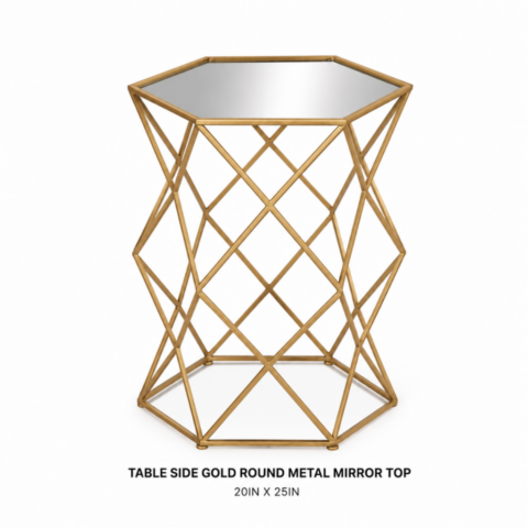 TABLE SIDE GOLD ROUND METAL MIRROR TOP 20IN X 25IN CELEBRATIONS CAYMAN RENTAL EVENTS WEDDINGS PARTY TABLE SIDE GOLD ROUND METAL MIRROR TOP