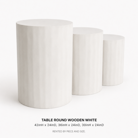 TABLE ROUND WOODEN WHITE CELEBRATIONS CAYMAN RENTAL EVENTS WEDDINGS PARTY TABLE ROUND WOODEN WHITE