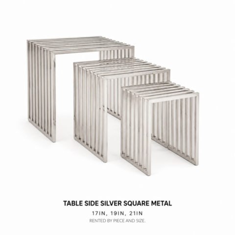 TABLE SIDE SILVER SQUARE METAL CELEBRATIONS CAYMAN RENTAL EVENTS WEDDINGS PARTY TABLE SIDE SILVER SQUARE METAL