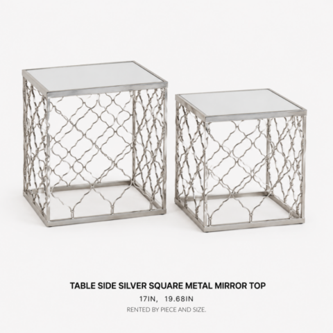 TABLE SIDE SILVER SQUARE METAL MIRROR TOP CELEBRATIONS CAYMAN RENTAL EVENTS WEDDINGS PARTY TABLE SIDE SILVER SQUARE METAL MIRROR TOP