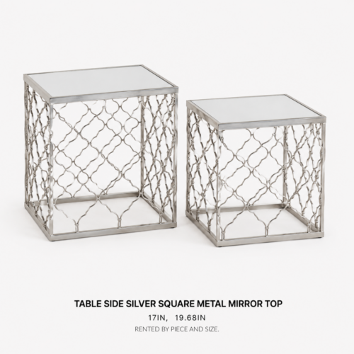 TABLE_SIDE_SILVER_SQUARE_METAL_MIRROR_TOP_17IN_AND_19_68IN_SQUARE_SIDE_TABLE_SET_SILVER_METAL_LATTICE_FRAME_MIRROR_TOP_ACCENT_TABLES_MODERN_GLAM_LOUNGE_FURNITURE_ELEGANT_EVENT_DECOR_RENTAL_WEDDINGS_EVENTS_PARTY_CAYMAN_ISLANDS_CELEBRATIONS
