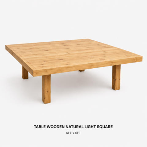TABLE WOODEN NATURAL LIGHT SQUARE 6FT X 6FT CELEBRATIONS CAYMAN RENTAL EVENTS WEDDINGS PARTY TABLE WOODEN NATURAL LIGHT SQUARE