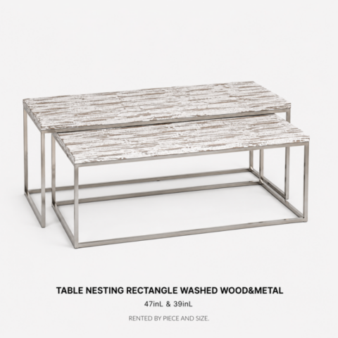 TABLE NESTING RECTANGLE WASHED WOOD AND METAL 47inL AND 39inL CELEBRATIONS CAYMAN RENTAL EVENTS WEDDINGS PARTY TABLE NESTING RECTANGLE WASHED WOOD AND METAL