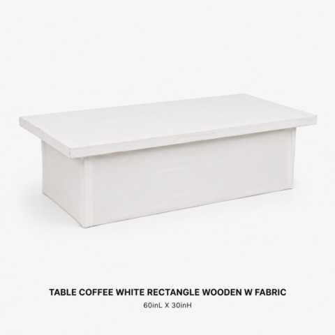 TABLE COFFEE WHITE RECTANGLE WOODEN W FABRIC 60inL X 30inH CELEBRATIONS CAYMAN RENTAL EVENTS WEDDINGS PARTY TABLE COFFEE WHITE RECTANGLE WOODEN W FABRIC