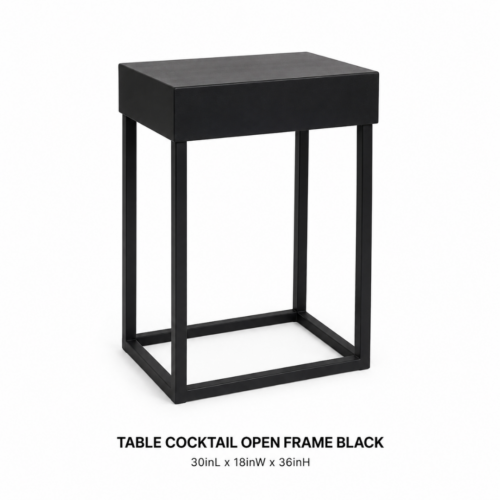 TABLE_COCKTAIL_OPEN_FRAME_BLACK_30INL_X_18INW_X_36INH_BLACK_OPEN_FRAME_COCKTAIL_TABLE_RECTANGULAR_HIGHBOY_TABLE_MODERN_STANDING_TABLE_EVENT_FURNITURE_COCKTAIL_RECEPTION_BAR_AREA_FURNITURE_RENTAL_WEDDINGS_EVENTS_PARTY_CAYMAN_ISLANDS_CELEBRATIONS