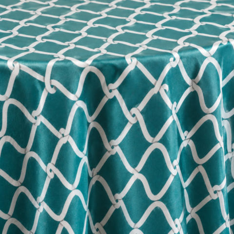 CELEBRATIONS CAYMAN RENTAL TABLECLOTH TEAL TRELLIS PRINT SATIN ROUND 132IN