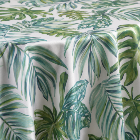 CELEBRATIONS CAYMAN RENTAL TABLE LINENS_TABLECLOTH GREEN TROPICAL PRINT ROUND 132IN