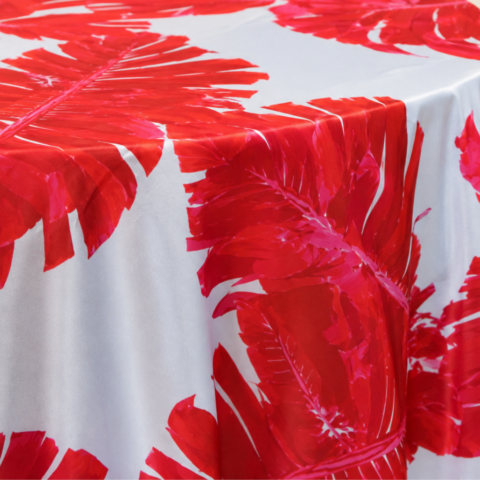 CELEBRATIONS CAYMAN RENTAL TABLE LINENS_TABLECLOTH RED &LIGHT BLUE PALM TREE PRINT 85X103"