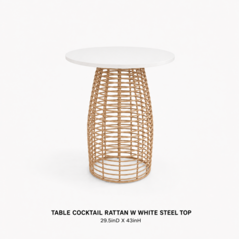 CELEBRATIONS CAYMAN RENTAL TABLE COCKTAIL RATTAN W WHITE STEEL TOP 29.5inD X 43inH
