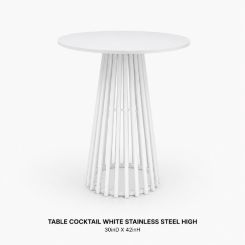 CELEBRATIONS CAYMAN RENTAL TABLE COCKTAIL WHITE STAINLESS STEEL HIGH 30inD X 42inH