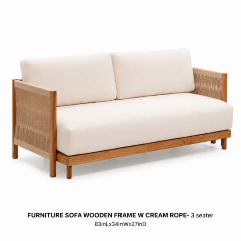 CELEBRATIONS GRAND CAYMAN RENTAL PARTY EVENTS FURNITURE SOFA WOODEN FRAME W CREAM ROPE- 3 seater 83inLx34inWx27inD