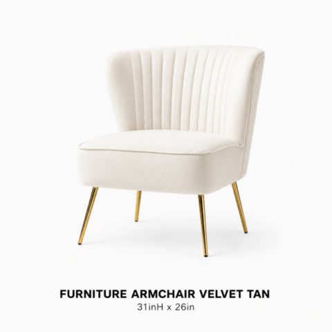 CELEBRATIONS GRAND CAYMAN RENTAL PARTY EVENTS FURNITURE ARMCHAIR VELVET TAN 31inH x 26in