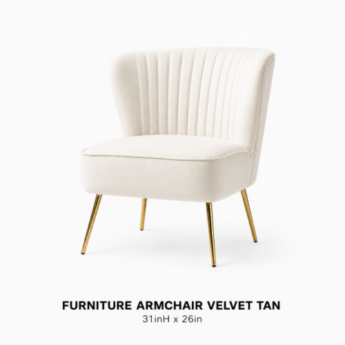 FURNITURE_ARMCHAIR_VELVET_TAN_31INH_X_26INW_TAN_VELVET_ARMCHAIR_CHANNEL_TUFTED_BACKREST_CURVED_SILHOUETTE_GOLD_METAL_LEGS_MODERN_LOUNGE_SEATING_LUXURY_EVENT_FURNITURE_GLAM_VIP_LOUNGE_DECOR_RENTAL_WEDDINGS_EVENTS_PARTY_CAYMAN_ISLANDS_CELEBRATIONS
