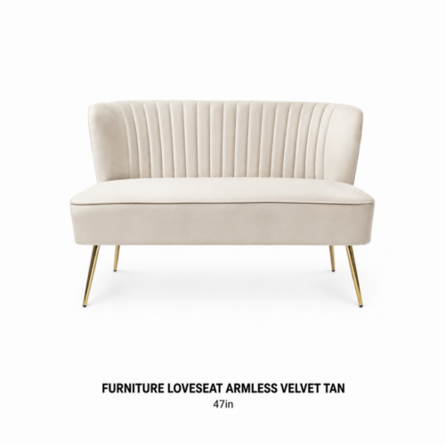 FURNITURE_LOVESEAT_ARMLESS_VELVET_TAN_47INW_TAN_VELVET_LOVESEAT_CHANNEL_TUFTED_BACKREST_CURVED_SILHOUETTE_GOLD_METAL_LEGS_MODERN_LOUNGE_SEATING_LUXURY_EVENT_FURNITURE_GLAM_VIP_LOUNGE_DECOR_RENTAL_WEDDINGS_EVENTS_PARTY_CAYMAN_ISLANDS_CELEBRATIONS