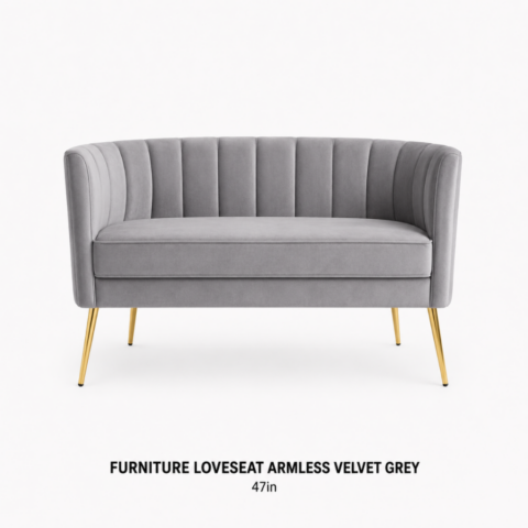 CELEBRATIONS GRAND CAYMAN RENTAL PARTY EVENTS CUSHION SILVER SATIN 20IN X 20INCUSHION ORANGE GEOMETRIC DESIGN 18IN X 18INFURNITURE LOVESEAT ARMLESS SILVER GRAY VELVET 47in