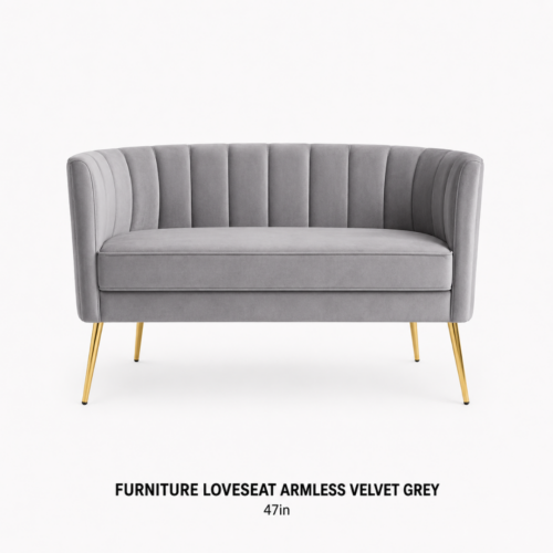 FURNITURE_LOVESEAT_GRAY_VELVET_47INW_SILVER_GRAY_VELVET_LOVESEAT_CHANNEL_TUFTED_CURVED_BACKREST_GOLD_METAL_LEGS_MODERN_LOUNGE_SEATING_LUXURY_EVENT_FURNITURE_GLAM_VIP_LOUNGE_DECOR_RENTAL_WEDDINGS_EVENTS_PARTY_CAYMAN_ISLANDS_CELEBRATIONS