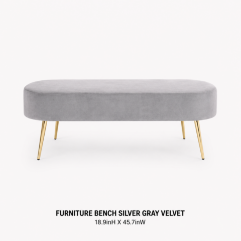 CELEBRATIONS GRAND CAYMAN RENTAL PARTY EVENTS FURNITURE BENCH SILVER GRAY VELVET 18.9inH X 45.7inW
