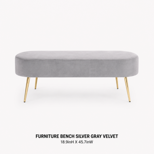FURNITURE_BENCH_SILVER_GRAY_VELVET_18_9INH_X_45_7INW_SILVER_GRAY_VELVET_BENCH_UPHOLSTERED_ACCENT_BENCH_GOLD_METAL_LEGS_MODERN_LOUNGE_SEATING_GLAM_EVENT_FURNITURE_ELEGANT_BANQUET_SEATING_RENTAL_WEDDINGS_EVENTS_PARTY_CAYMAN_ISLANDS_CELEBRATIONS