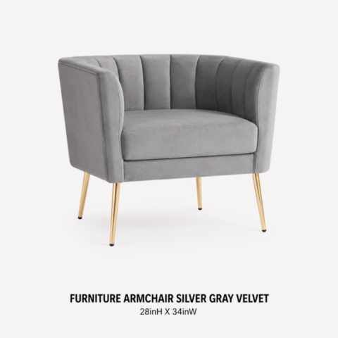 CELEBRATIONS GRAND CAYMAN RENTAL PARTY EVENTS FURNITURE ARMCHAIR SILVER GRAY VELVET 28inH X 34inW