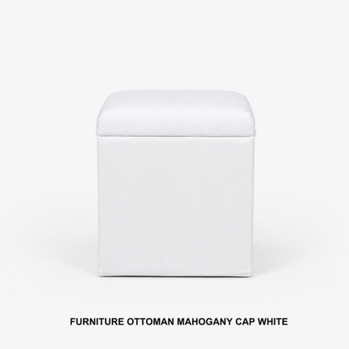 FURNITURE_OTTOMAN_MAHOGANY_CAP_WHITE_WHITE_UPHOLSTERED_OTTOMAN_MAHOGANY_FRAME_CAP_STYLE_TOP_CUBE_OTTOMAN_ACCENT_SEATING_MODERN_LOUNGE_FURNITURE_EVENT_DECOR_RENTAL_WEDDINGS_EVENTS_PARTY_CAYMAN_ISLANDS_CELEBRATIONS
