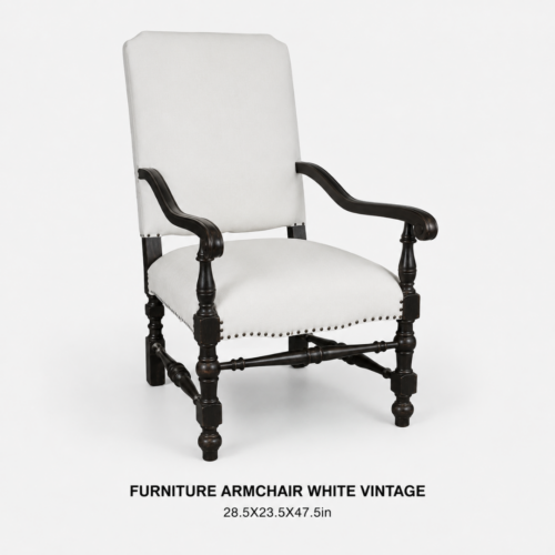 FURNITURE_ARMCHAIR_WHITE_VINTAGE_28_5IN_X_23_5IN_X_47_5IN_WHITE_UPHOLSTERED_ARMCHAIR_DARK_WOOD_FRAME_TURNED_LEGS_AND_ARMS_NAILHEAD_TRIM_CLASSIC_VINTAGE_SEATING_ELEGANT_LOUNGE_FURNITURE_RENTAL_WEDDINGS_EVENTS_PARTY_CAYMAN_ISLANDS_CELEBRATIONS