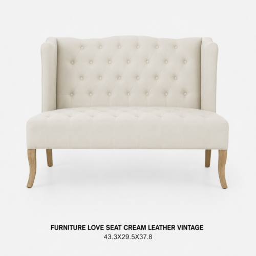 FURNITURE_LOVE_SEAT_CREAM_LEATHER_VINTAGE_43_3IN_X_29_5IN_X_37_8IN_CREAM_UPHOLSTERED_LOVESEAT_TUFTED_HIGH_BACK_WINGBACK_STYLE_BUTTON_DETAIL_WOODEN_LEGS_ELEGANT_LOUNGE_SEATING_VINTAGE_EVENT_FURNITURE_RENTAL_WEDDINGS_EVENTS_PARTY_CAYMAN_ISLANDS_CELEBRATIONS