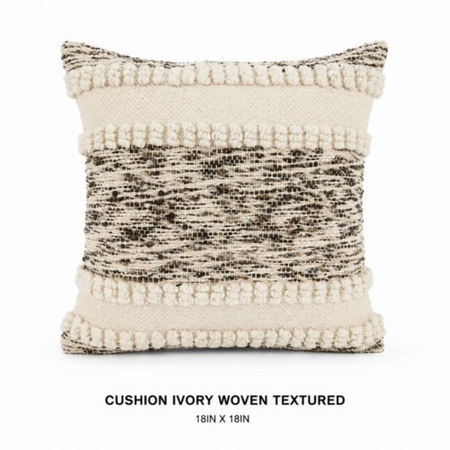 CUSHION_IVORY_WOVEN_TEXTURED_18IN_X_18IN_DECORATIVE_THROW_PILLOW_IVORY_AND_BLACK_WOVEN_TEXTURE_PATTERN_BOHO_LOOP_DETAIL_HANDWOVEN_ACCENT_CUSHION_COASTAL_TROPICAL_LOUNGE_SEATING_SOFA_DECOR_RENTAL_WEDDINGS_EVENTS_PARTY_CAYMAN_ISLANDS_CELEBRATIONS