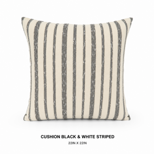 CUSHION_BLACK_AND_WHITE_STRIPED_22IN_X_22IN_DECORATIVE_THROW_PILLOW_BLACK_AND_IVORY_VERTICAL_STRIPE_PATTERN_TEXTURED_WOVEN_FABRIC_ACCENT_CUSHION_CLASSIC_COASTAL_LOUNGE_SEATING_SOFA_DECOR_RENTAL_WEDDINGS_EVENTS_PARTY_CAYMAN_ISLANDS_CELEBRATIONS