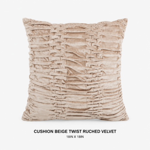 CUSHION_BEIGE_TWIST_RUCHED_VELVET_18IN_X_18IN_DECORATIVE_THROW_PILLOW_BEIGE_VELVET_RUCHED_TEXTURE_TWISTED_PLEAT_DESIGN_ELEGANT_ACCENT_CUSHION_LUXURY_LOUNGE_SEATING_SOFA_DECOR_RENTAL_WEDDINGS_EVENTS_PARTY_CAYMAN_ISLANDS_CELEBRATIONS
